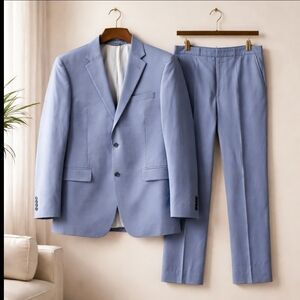 Jos. A. Bank Tailored Fit Light Blue Suit 43L Jacket 37L Pants Cotton Wool